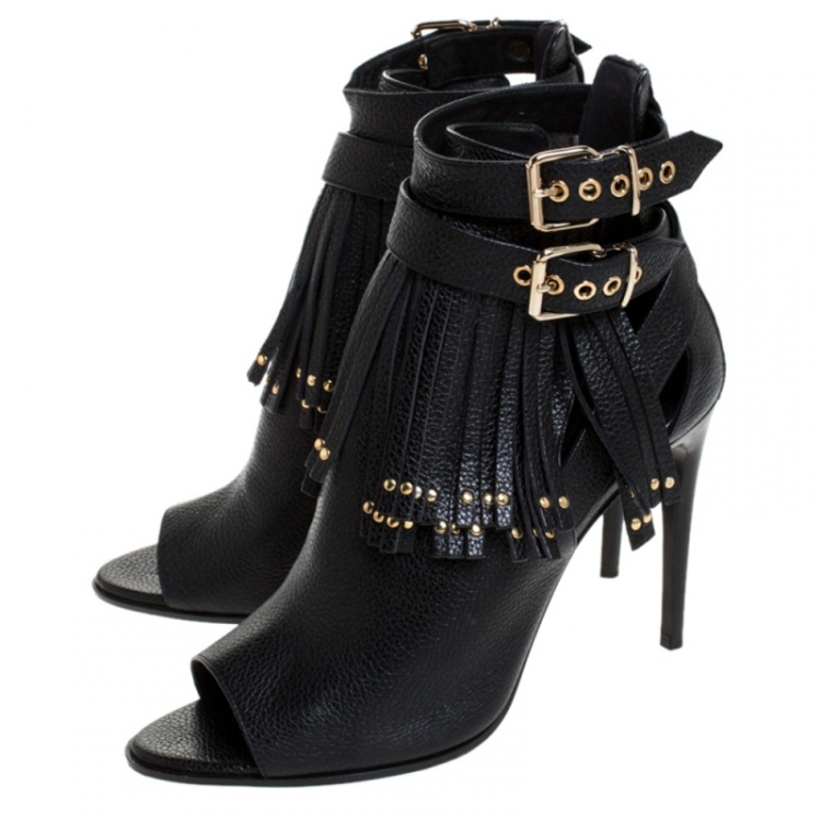 Pre Owned Burberry Black Leather Overfield Fringe Open Toe Ankle Boots Size 39