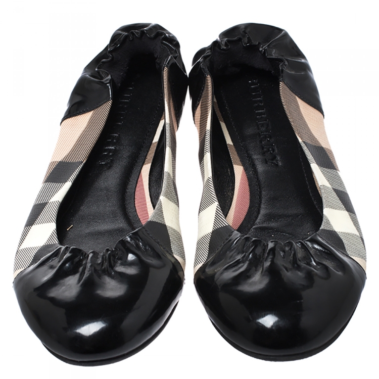 Pre Owned Burberry Black Patent Leather And Nova Check Canvas Scrunch Ballet Flats Size 40