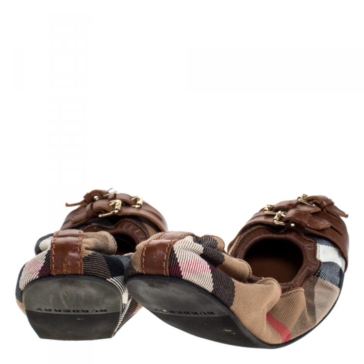 Pre Owned Burberry Brown House Check Canvas and Leather Falcony Scrunch Ballet Flats Size 39
