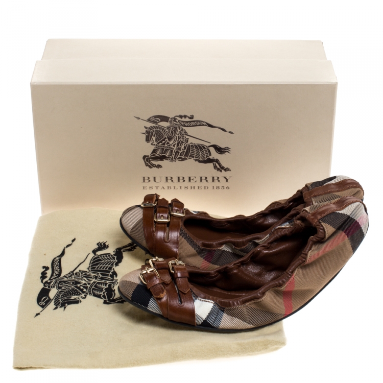 Pre Owned Burberry Brown House Check Canvas and Leather Falcony Scrunch Ballet Flats Size 39