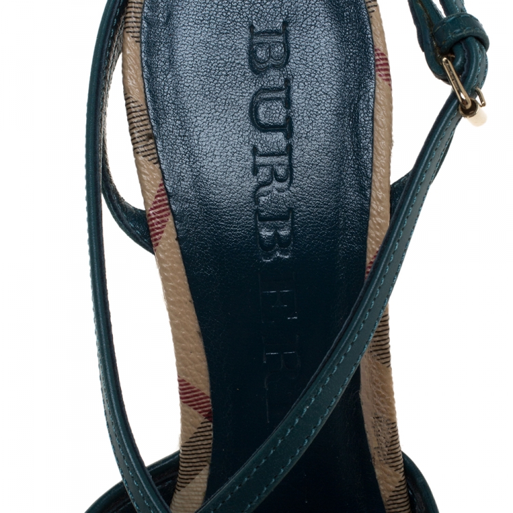 Pre Owned Burberry Multicolor Nova Check Canvas and Leather Cross Strap Espadrille Wedge Sandals Size 39