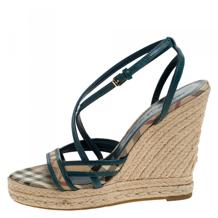 Pre Owned Burberry Multicolor Nova Check Canvas and Leather Cross Strap Espadrille Wedge Sandals Size 39