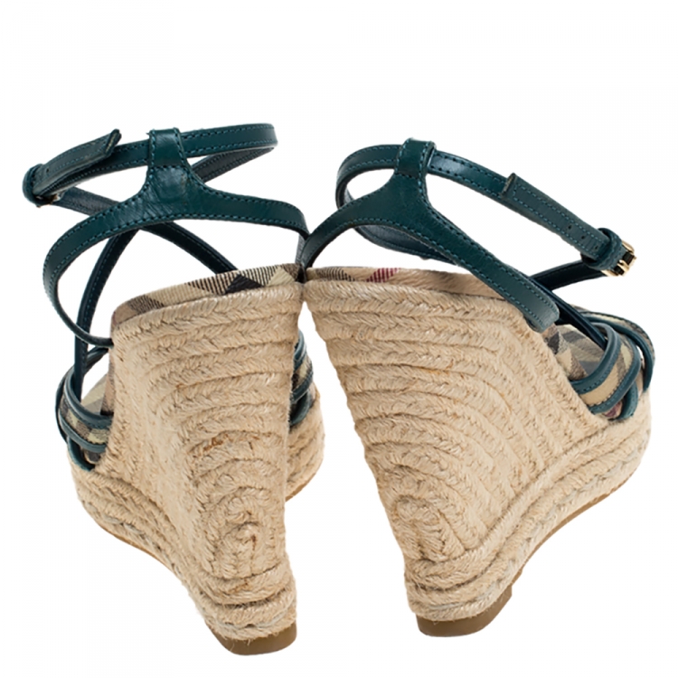 Pre Owned Burberry Multicolor Nova Check Canvas and Leather Cross Strap Espadrille Wedge Sandals Size 39