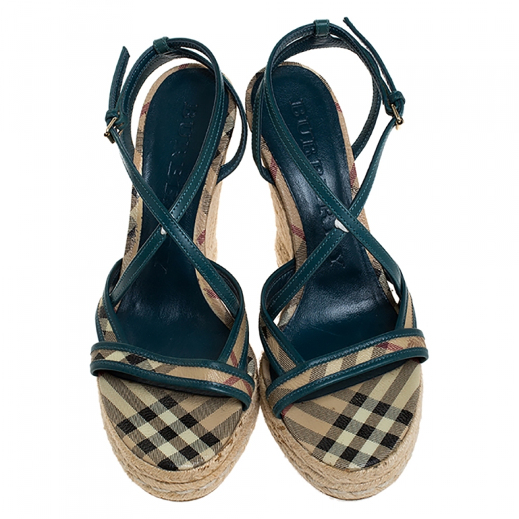 Pre Owned Burberry Multicolor Nova Check Canvas and Leather Cross Strap Espadrille Wedge Sandals Size 39