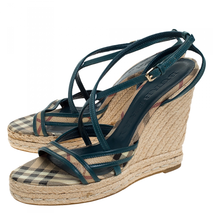 Pre Owned Burberry Multicolor Nova Check Canvas and Leather Cross Strap Espadrille Wedge Sandals Size 39