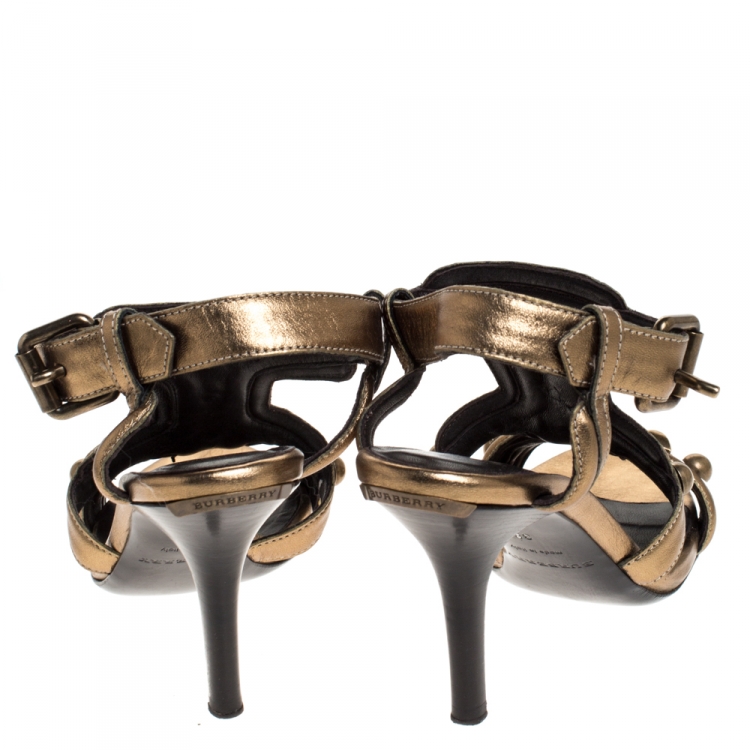 Pre Owned Burberry Metallic Gold Leather Studded Open Toe Sandals Size 38
