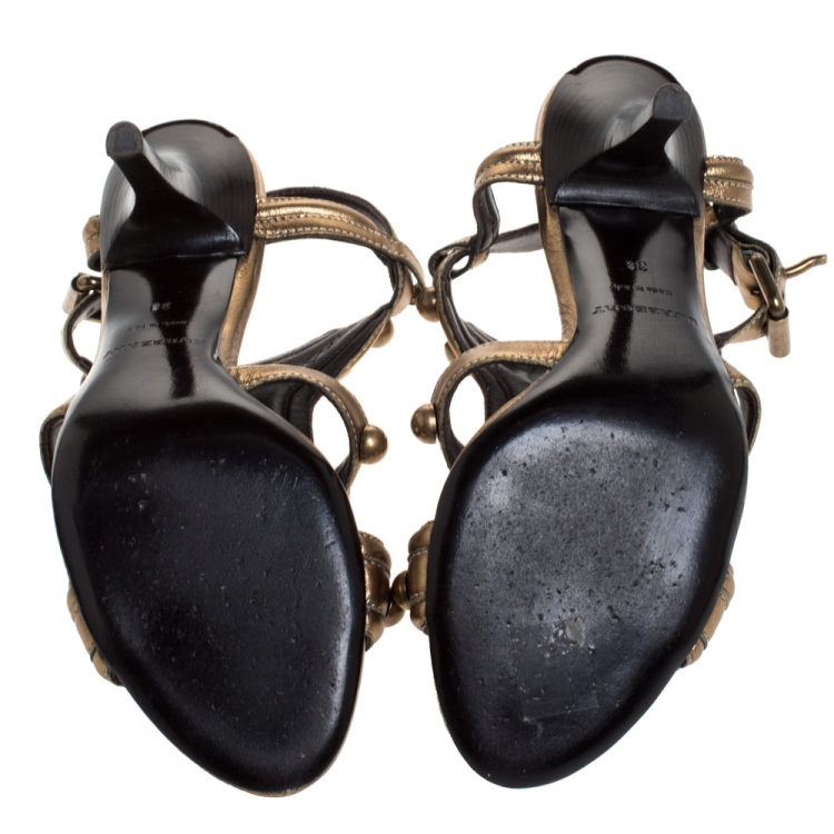 Pre Owned Burberry Metallic Gold Leather Studded Open Toe Sandals Size 38