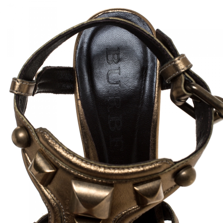 Pre Owned Burberry Metallic Gold Leather Studded Open Toe Sandals Size 38