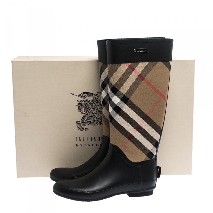 Pre Owned Burberry Black/Beige House Check Fabric And Rubber Clemence Rain Boots Size 39