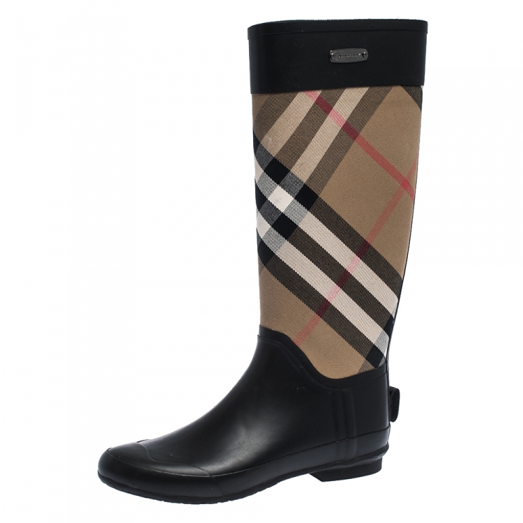 Burberry Black/Beige House Check Fabric And Rubber Clemence Rain Boots Size  39 Burberry | TLC