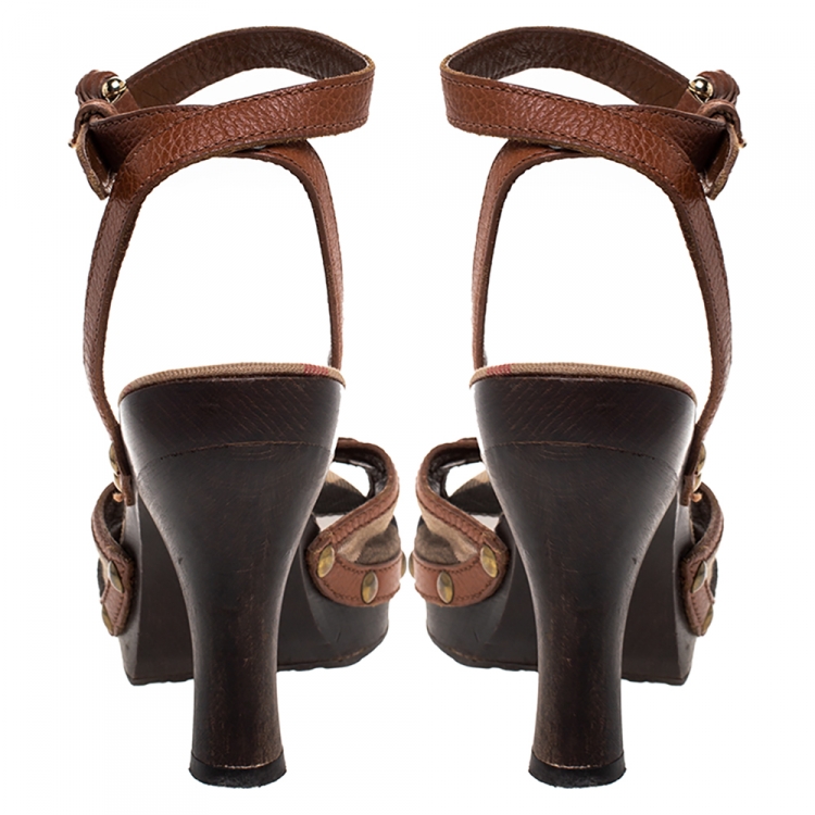 Pre Owned Burberry Brown Nova Check Canvas and Leather Ankle Strap Clog Sandals Size 37