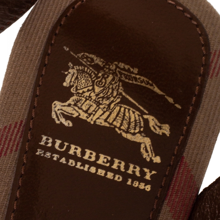 Pre Owned Burberry Brown Nova Check Canvas and Leather Ankle Strap Clog Sandals Size 37