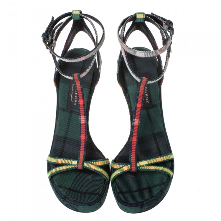 Pre Owned Burberry Green Novacheck Fabric Runway Hans T Strap Sandals Size 38