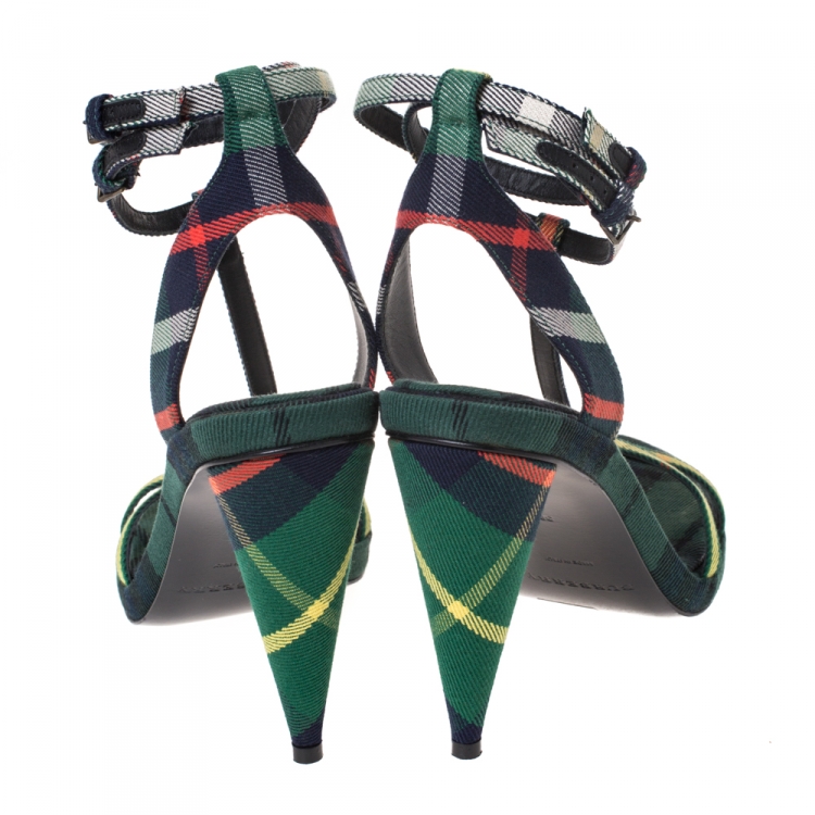 Pre Owned Burberry Green Novacheck Fabric Runway Hans T Strap Sandals Size 38