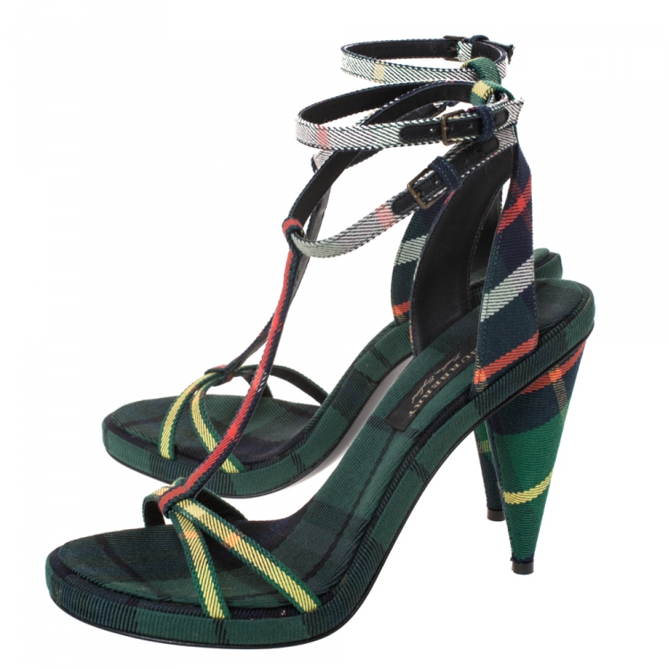 Pre Owned Burberry Green Novacheck Fabric Runway Hans T Strap Sandals Size 38