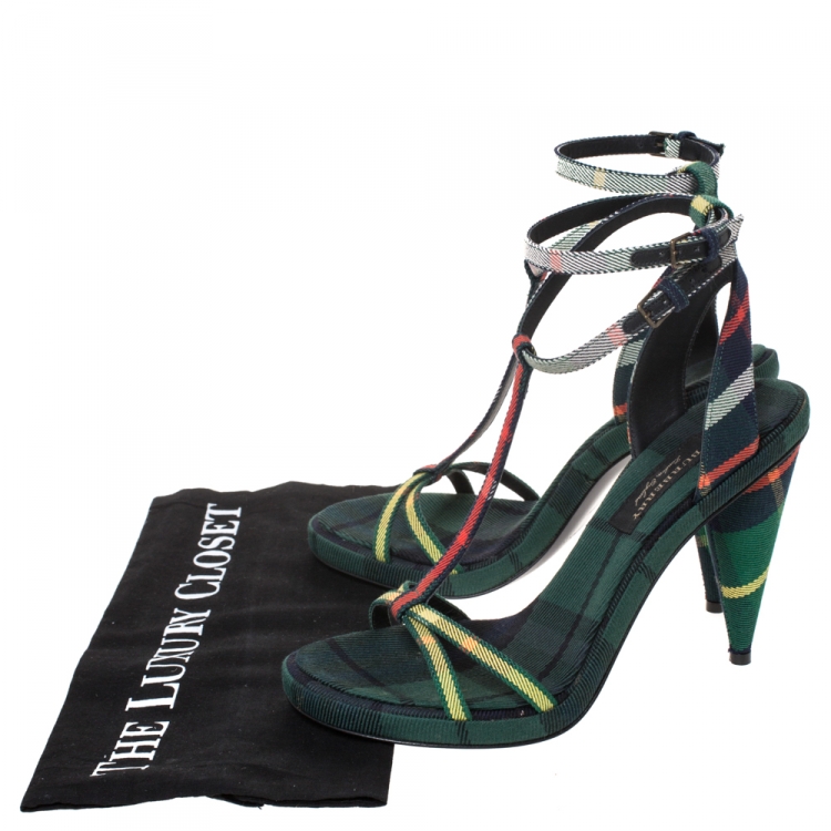 Pre Owned Burberry Green Novacheck Fabric Runway Hans T Strap Sandals Size 38