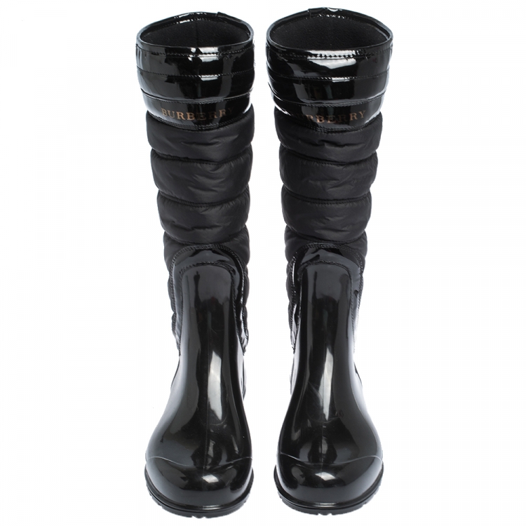Pre Owned Burberry Black Rubber And Patent Wellington Rain Boots Size 41