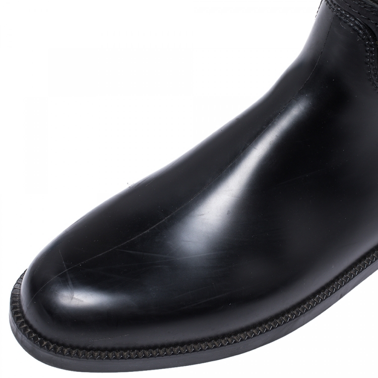 Pre Owned Burberry Black Rubber, Leather and Beat Check Coated Canvas Rain Boots Size 40
