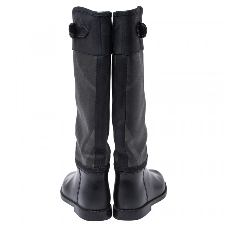 Pre Owned Burberry Black Rubber, Leather and Beat Check Coated Canvas Rain Boots Size 40