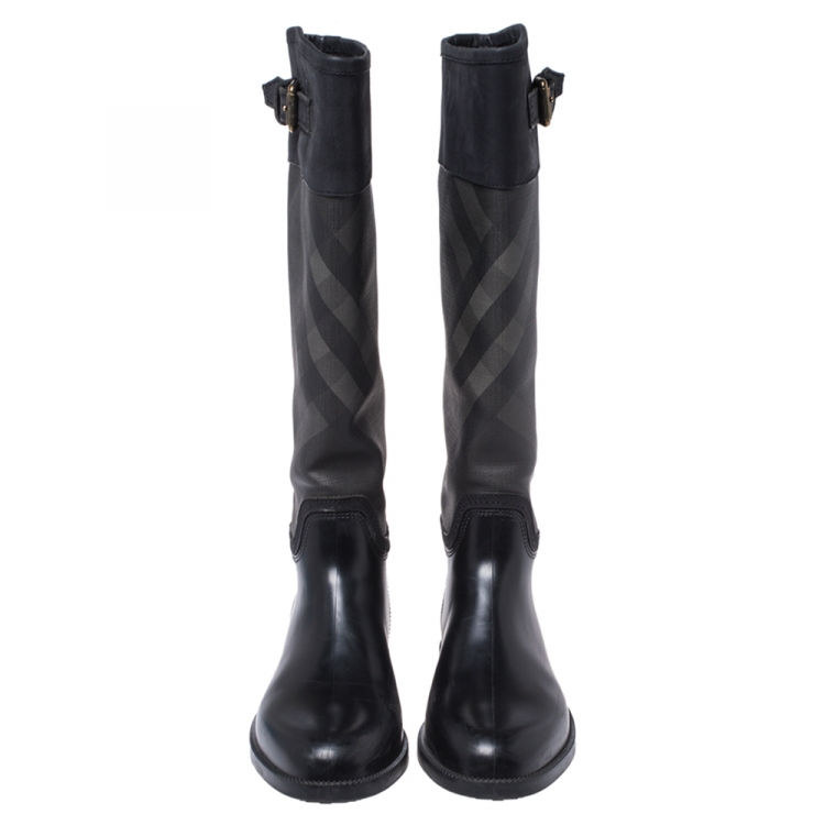 Pre Owned Burberry Black Rubber, Leather and Beat Check Coated Canvas Rain Boots Size 40