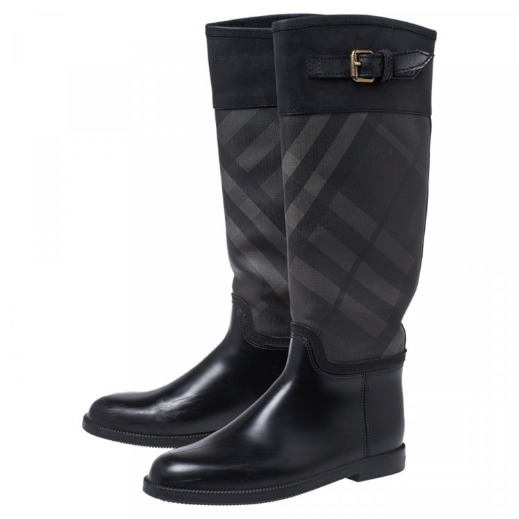 Pre Owned Burberry Black Rubber, Leather and Beat Check Coated Canvas Rain Boots Size 40