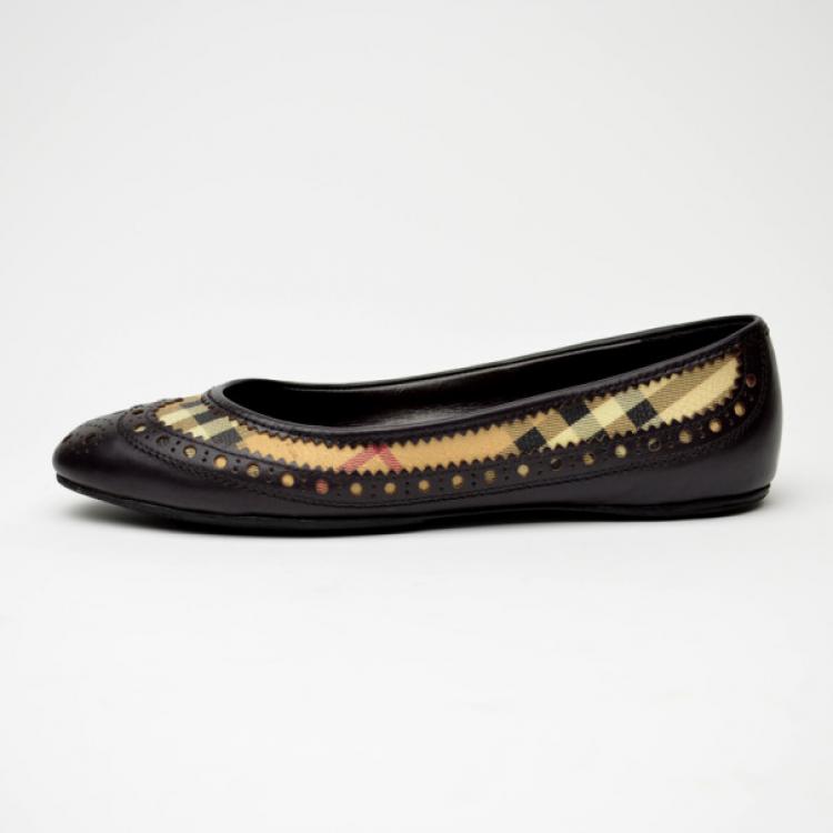 Pre Owned Burberry Tudor Haymarket Brogue Ballerina Flats Size 36.5