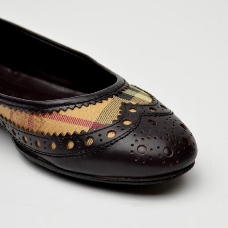 Pre Owned Burberry Tudor Haymarket Brogue Ballerina Flats Size 36.5