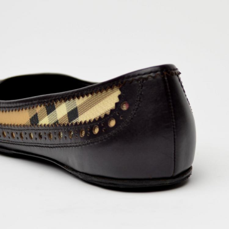 Pre Owned Burberry Tudor Haymarket Brogue Ballerina Flats Size 36.5