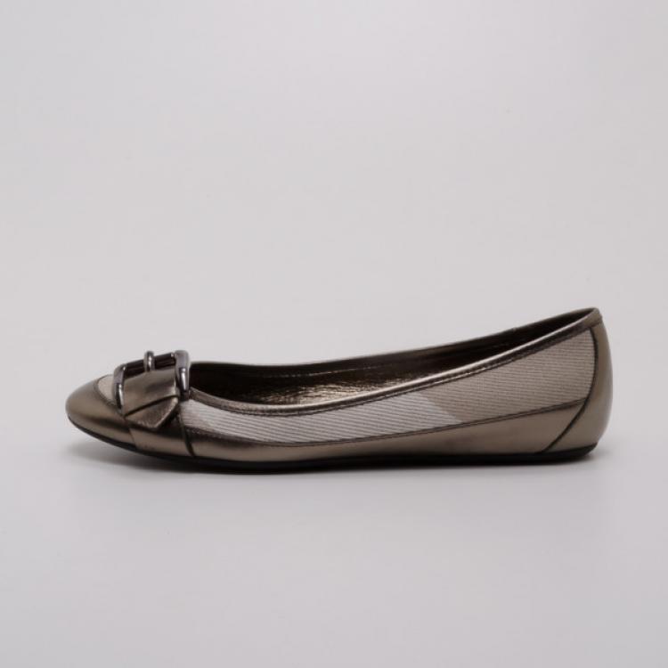Pre Owned Burberry Metallic Leather and Beige Check Ballerina Flats Size 40