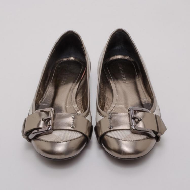 Pre Owned Burberry Metallic Leather and Beige Check Ballerina Flats Size 40