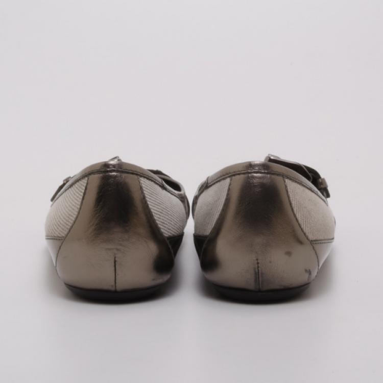 Pre Owned Burberry Metallic Leather and Beige Check Ballerina Flats Size 40
