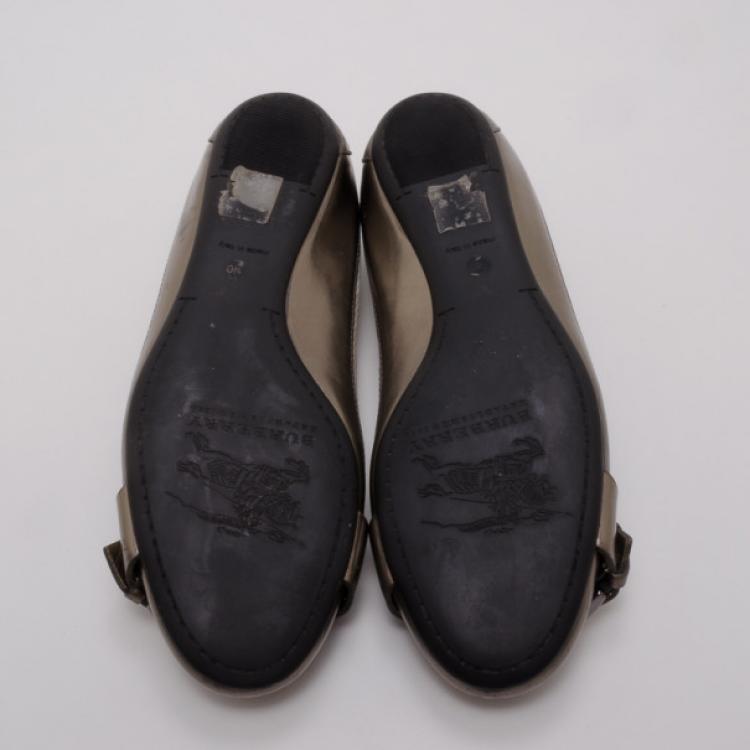Pre Owned Burberry Metallic Leather and Beige Check Ballerina Flats Size 40
