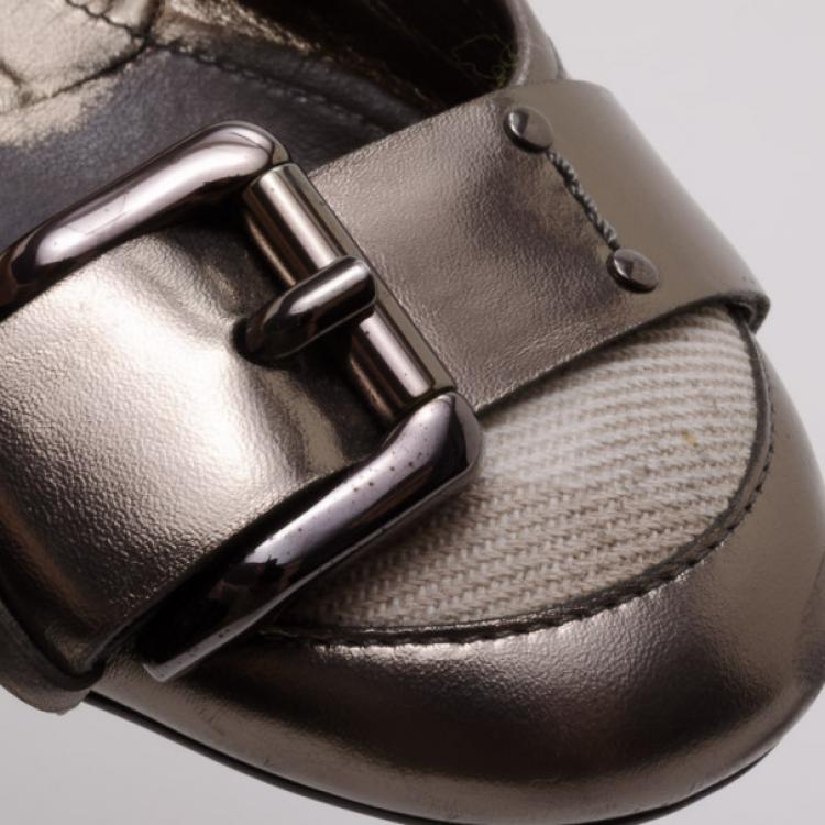 Pre Owned Burberry Metallic Leather and Beige Check Ballerina Flats Size 40