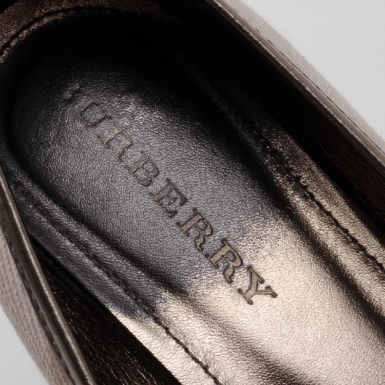 Pre Owned Burberry Metallic Leather and Beige Check Ballerina Flats Size 40