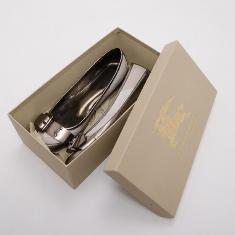 Pre Owned Burberry Metallic Leather and Beige Check Ballerina Flats Size 40