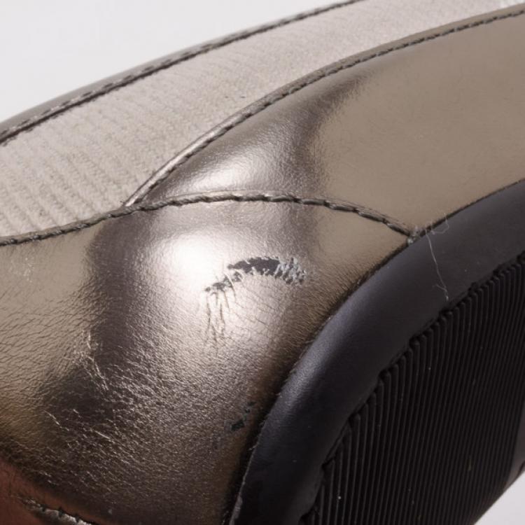 Pre Owned Burberry Metallic Leather and Beige Check Ballerina Flats Size 40