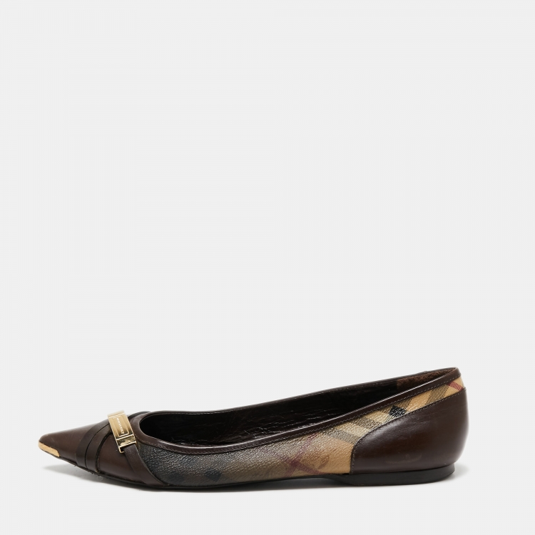 Burberry Brown Beige Leather and Nova Check Canvas Pointed Toe Ballet Flats Size 39 Burberry The Luxury Closet