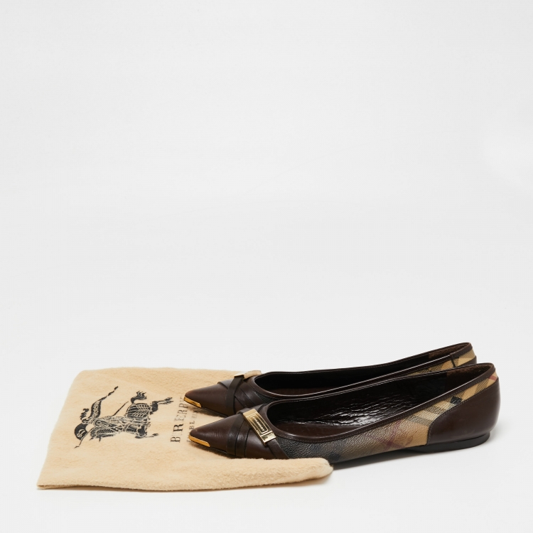 Pre Owned Burberry Brown/Beige Leather and Nova Check Canvas Pointed Toe Ballet Flats Size 39