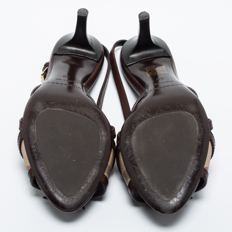 Pre Owned Burberry Brown/Beige Leather and Coated Canvas Ankle Strap Sandals Size 36