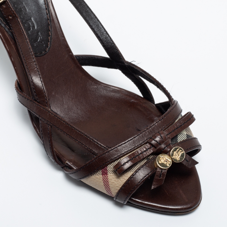 Pre Owned Burberry Brown/Beige Leather and Coated Canvas Ankle Strap Sandals Size 36