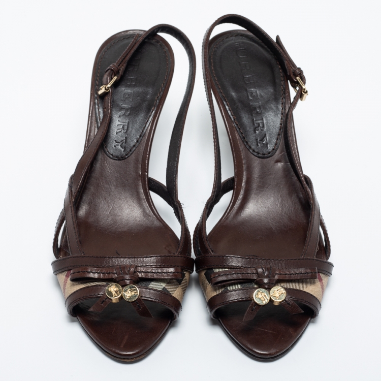 Pre Owned Burberry Brown/Beige Leather and Coated Canvas Ankle Strap Sandals Size 36
