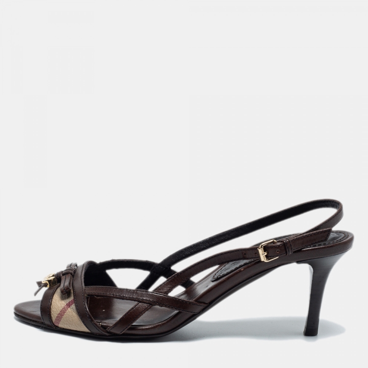 Pre Owned Burberry Brown/Beige Leather and Coated Canvas Ankle Strap Sandals Size 36
