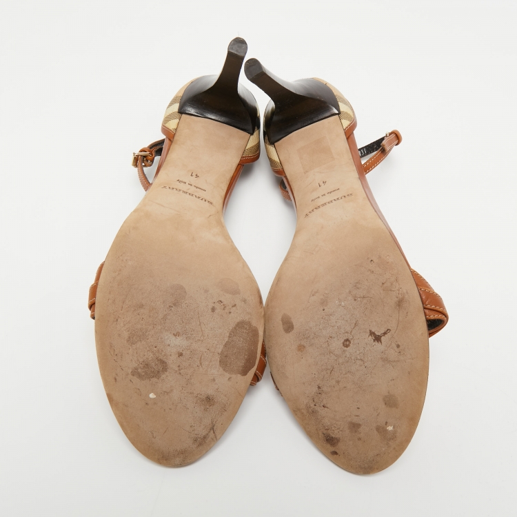 Pre Owned Burberry Brown/Beige House Check Canvas And Leather Ankle Strap Sandals Size 41