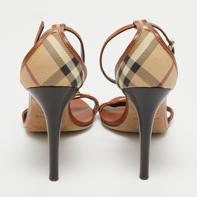 Pre Owned Burberry Brown/Beige House Check Canvas And Leather Ankle Strap Sandals Size 41