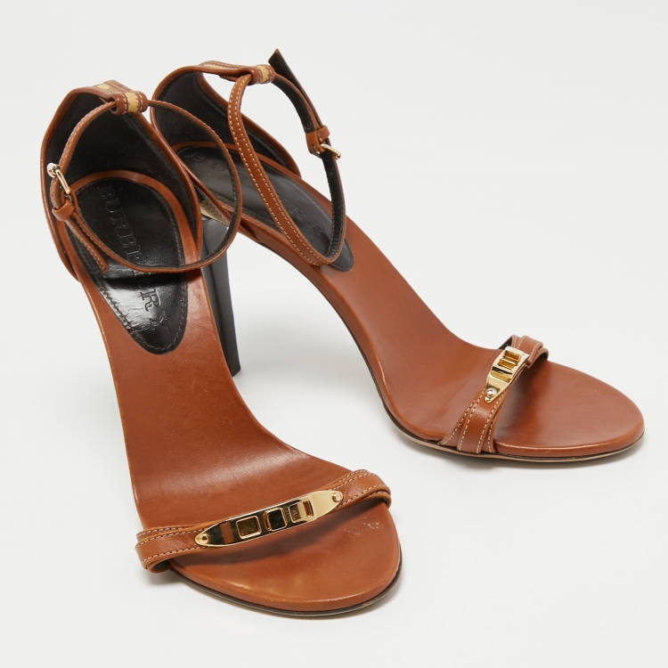 Pre Owned Burberry Brown/Beige House Check Canvas And Leather Ankle Strap Sandals Size 41