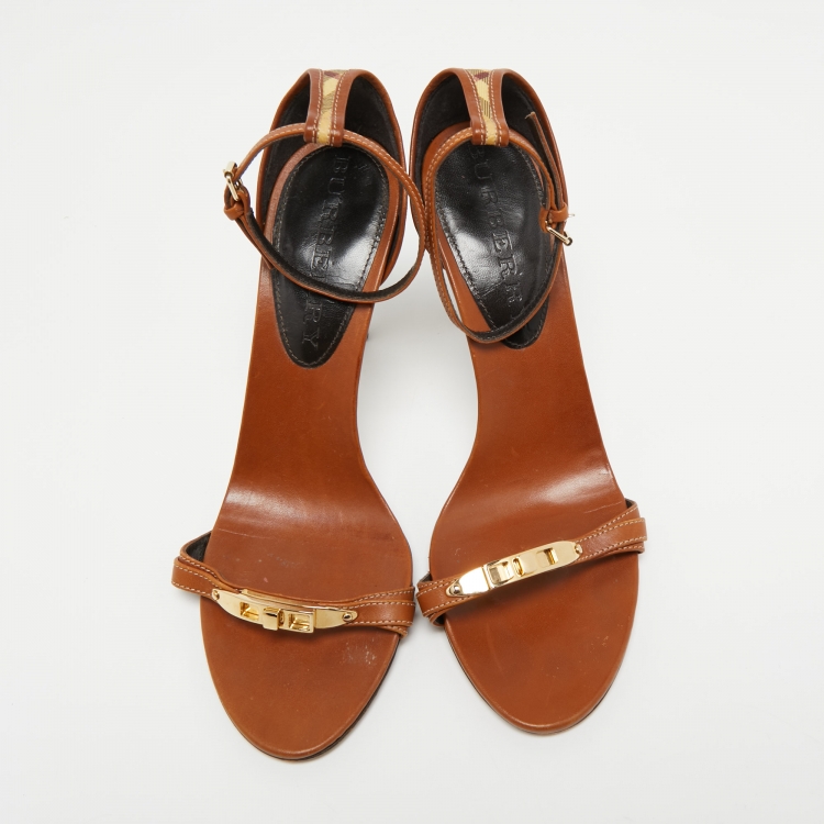 Pre Owned Burberry Brown/Beige House Check Canvas And Leather Ankle Strap Sandals Size 41