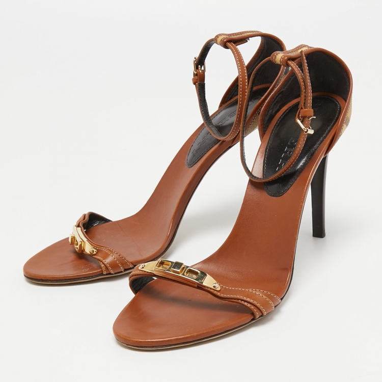 Pre Owned Burberry Brown/Beige House Check Canvas And Leather Ankle Strap Sandals Size 41