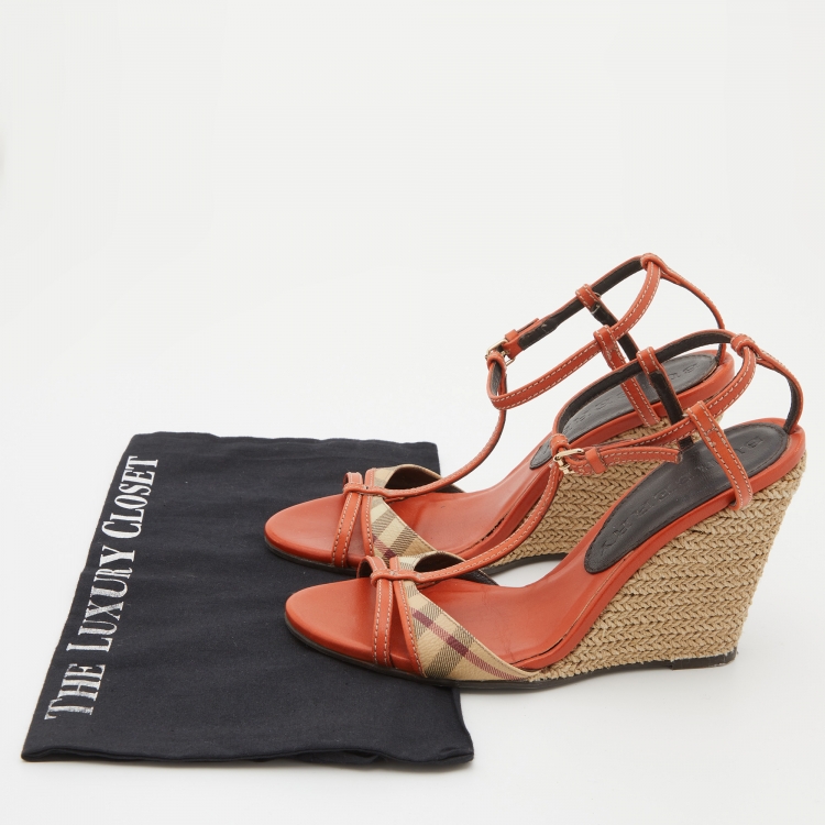 Pre Owned Burberry Orange Leather Espadrille Wedge T-Strap Sandals Size 37.5