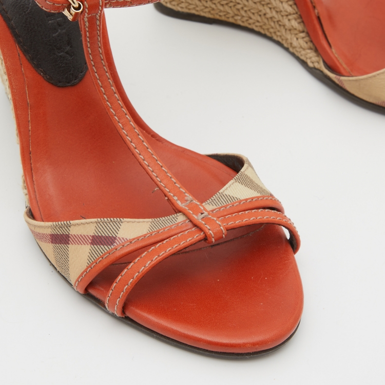 Pre Owned Burberry Orange Leather Espadrille Wedge T-Strap Sandals Size 37.5
