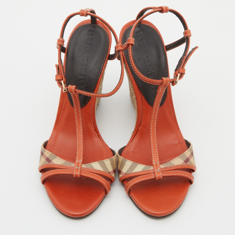 Pre Owned Burberry Orange Leather Espadrille Wedge T-Strap Sandals Size 37.5
